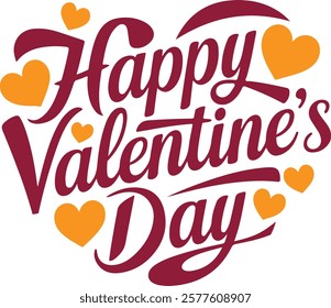 A vector image of a calligraphic typography design that says "Happy Valentine's Day". The text is in red and is surrounded by pink hearts. The background is white.