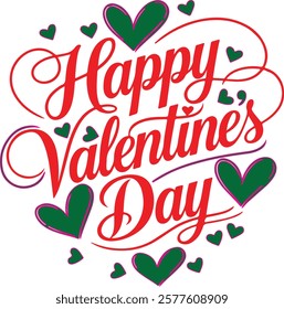 A vector image of a calligraphic typography design that says "Happy Valentine's Day". The text is in red and is surrounded by pink hearts. The background is white.