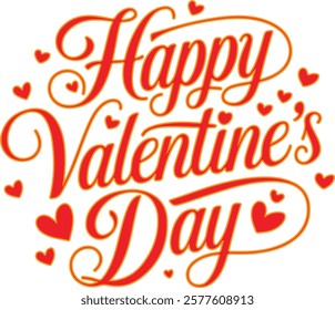 A vector image of a calligraphic typography design that says "Happy Valentine's Day". The text is in red and is surrounded by pink hearts. The background is white.