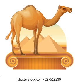 Vector image of a camel on a background of the pyramids