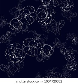 Vector image. Camellia - flowers and leaves. Seamless pattern. Perfumery and cosmetic plants. Wallpaper. Use printed materials, signs, posters, postcards, packaging. 
