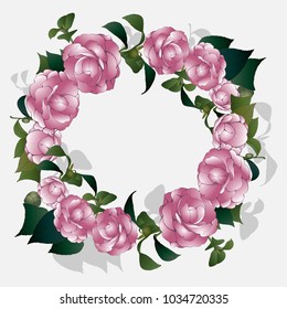 Vector image.  Camellia - flowers and leaves. Wreath. Perfumery and cosmetic plants. Wallpaper. Use printed materials, signs, posters, postcards, packaging. 