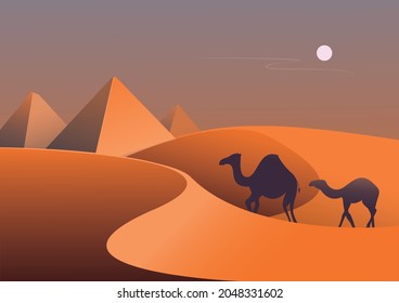 Vektorbild von Kamelen in der Wüste mit Pyramiden auf dem Hintergrund.