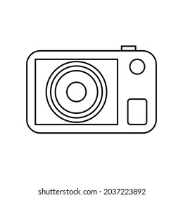 Vector image of a camera with black outlines on a white background. Video camera app icon and texture. Studio camera for photographer outline icon.
