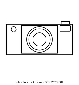 Vector image of a camera with black outlines on a white background. Video camera app icon and texture. Studio camera for photographer outline icon.