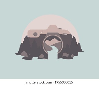 Vector image of a camera capturing beautiful nature. Nature in the vicinity of the camera. Trees, mountains and a river. Illustration in bed colors. Travel and great adventure illustration. 