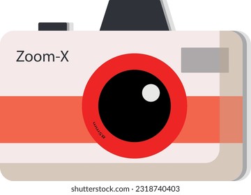 Vector image of a camera. The colors used are white, red, gray, and black. The inscription on the body is Zoom-X, the inscription on the lens is 85mm.