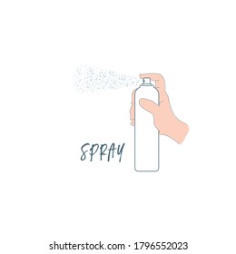 Vector image of a can of aerosol, spray in hand. Spraying an antiseptic, a cosmetic, a can of spray paint. Isolated illustration on a white background