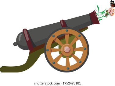 Imagen vectorial de un cañón listo para la batalla. Se ve una rosa desde el cañón del cañón y una mariposa marrón está encima