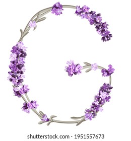 vector image of the capital letter G of the English alphabet in the form of lavender sprigs in bright colors on a white background