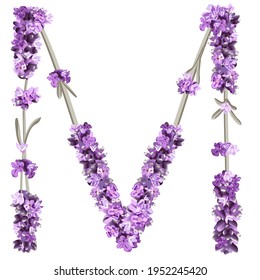 imagen vectorial de la letra mayúscula M del alfabeto inglés en forma de brotes de lavanda en colores brillantes sobre un fondo blanco
