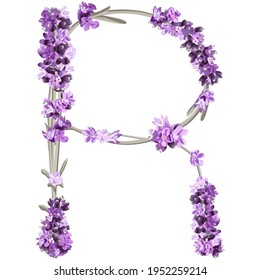 vector image of the capital letter R of the English alphabet in the form of lavender sprigs in bright colors on a white background
