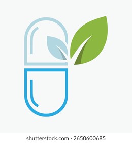 Vector image of a capsule with green leaves, symbolizing natural medicine, herbal supplements, and eco-friendly pharmaceutical solutions