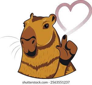 Vector image of a capybara drawing a heart.An isolated image on a transparent background.For Valentine's Day.Print,postcard,banner