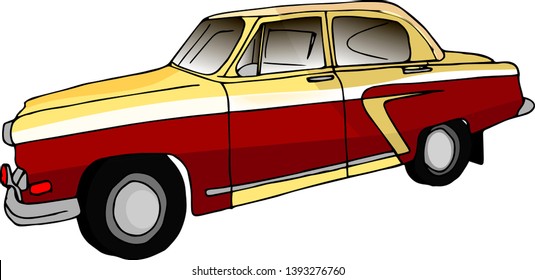 Vector image of a car in cartoon style. Machine view from the side of red. Vector, isolate