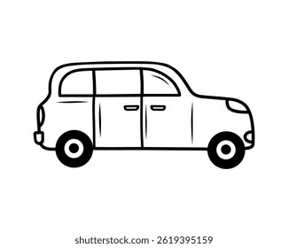 Uma imagem vetorial de um carro, desenhado à mão.Colorindo páginas para livros e desenhos. Um esboço de contorno preto destacado sobre um fundo branco.  Um elemento gráfico. Ilustração vetorial de um carro.