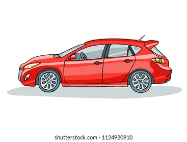 Vector image of a car hatchback model.A bright modern machine. Hand-painted,  doodle.Red isolated car on white background.A series of models of cars.