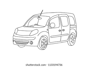 Vector image car. Model minivan.Drawn with a black line on a white background.Drawing with hands,doodle.You can use for coloring.