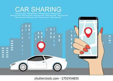 Vektorillustration-Bild eines Autos, Smartphone auf einem Hintergrund von städtischen Gebäuden. Stadtauslieferungsdienst