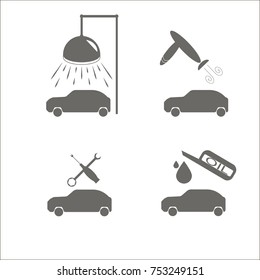 Vector image of car wash, repair, oil change and drying for car. Isolated vector on a white background.