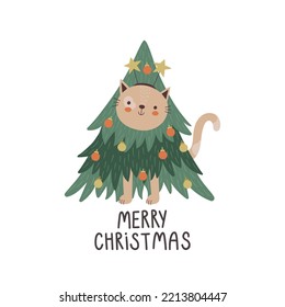 vector image of a car wearing a Christmas tree costume, Merry Christmas hand lettering text