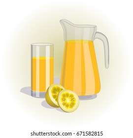 Vector image of carafe and glass of lemon juice, sliced lemon, slice of lemon