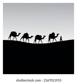 Imagen vectorial de una caravana de camellos en el desierto.