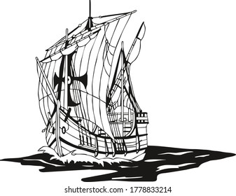 The vector image of caravel sailing ship. Easy editable layered vector illustration. In black color on white background.