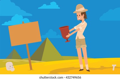 Vector image of card with the blue sky, yellow sand, bone, a skull, pyramids, banner and with cartoon image of an archaeologist woman standing with a red vase in her hands. Excavations, archeology.