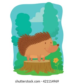 Vector image of card with green trees, blue sky, brown stump and with cartoon image of a cute brown hedgehog, standing on four paws and smiling on a white background. Funny forest hedgehog.