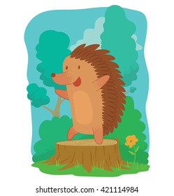 Vector image of card with green trees, blue sky, brown stump and with cartoon image of a cute brown hedgehog, dancing and smiling on a white background. Funny forest hedgehog.
