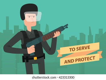 Vector image of a card with silhouettes of buildings and with cartoon image of a man police officer in bulletproof vest with a shotgun in hands on green background. Inscription "To Serve and Protect".