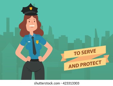 Vector image of a card with silhouettes of buildings and with cartoon image of a woman police officer with wavy brown hair standing, smiling on a green background. Inscription "To Serve and Protect".