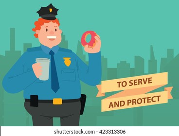 Vector image of a card with silhouettes of buildings and with cartoon image of a fat man police officer with ginger hair with donut in hand on a green background. Inscription "To Serve and Protect".