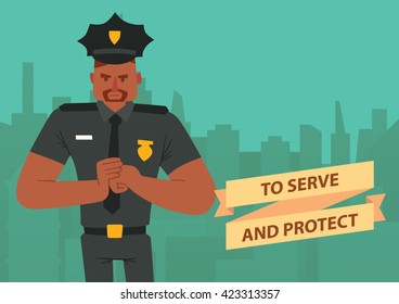 Vector image of a card with silhouettes of buildings and with cartoon image of a black man police officer with brown hair, mustache and beard on a green background. Inscription "To Serve and Protect".