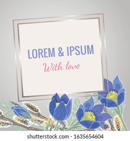 Vector image of a card with snowdrops, willow and the sample text
