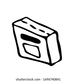 Imagen vectorial de una caja de cartón en estilo doodle.  Entrega y pedido de cosas, comida a través de Internet.  En cuarentena.  Para colorear a los niños, pegatinas.  La imagen está aislada en un fondo blanco.