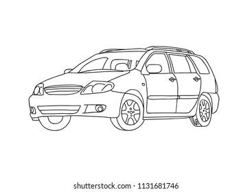 Vector image car.Model station wagon.Drawn with a black line on a white background.Drawing with hands,doodle.You can use for coloring.