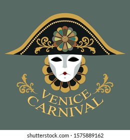 Vector image of a carnival mask in a hat decorated with a gold pattern and a flower. Venetian mask, hat, collar. Image on a gray background.