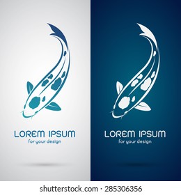 Imagen vectorial de un diseño koi de carpa sobre fondo blanco y fondo azul, logotipo, símbolo