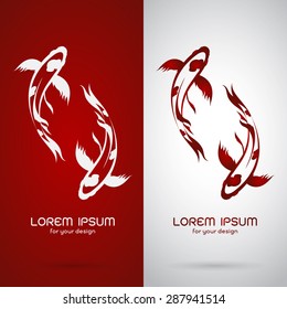 Imagen vectorial de un diseño koi de carpa sobre fondo blanco y fondo rojo, logotipo, símbolo