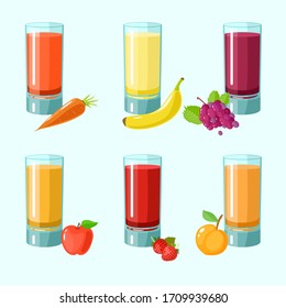 Vector image of carrot, banana, cherry, apple, strawberry, peach juice in a glass glass with fruits
