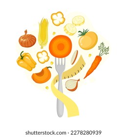 Vector image of carrot slices on a fork with a yellow centimeter tape and vegetables around. Vegetable illustration for the concept of healthy eating, vegan, fresh vegetables, etc.