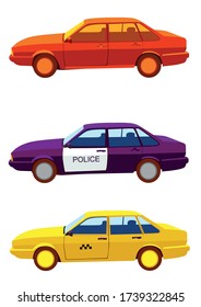 Vektorbild von Autos. flaches Design. Polizeiauto, Taxi.