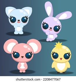 vector image of cartoon animals cat, chicken, hare and mouse in 3d