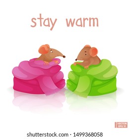 Vector image. Cartoon animals. Cute rats in colorful warm scarves.