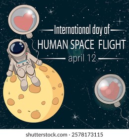 Vector image of a cartoon astronaut on the moon. Congratulations on International Cosmonautics Day. Space.Moon.Congratulations.Banner. International Cosmonautics Day