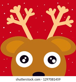 vector image of a cartoon baby deer head on a red background with snow