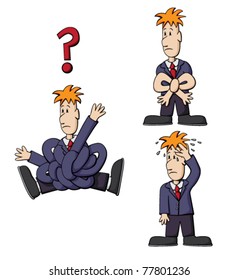 Vector image of cartoon business men tangled in a knot, with hands tied and sweating.