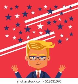 Vector Image of cartoon businessman with hands up celebrating victory. America style. Smiling. 